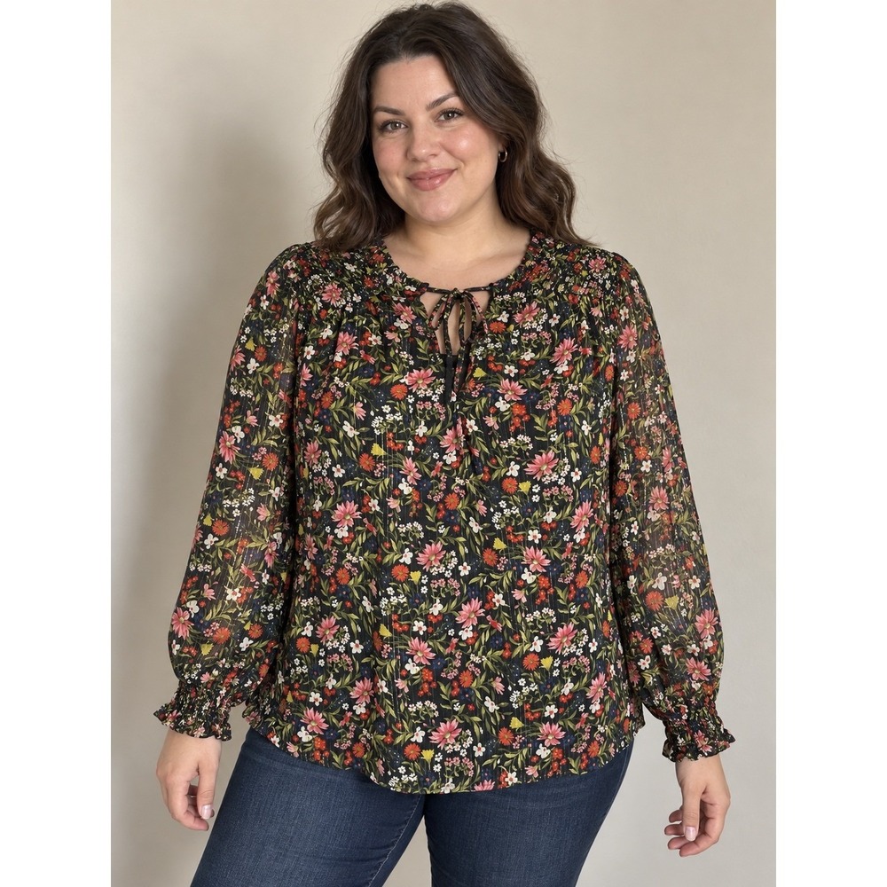 Old Navy Womens XXL Floral Blouse Black Smocked Tie Neck Long Sleeve Shimmer